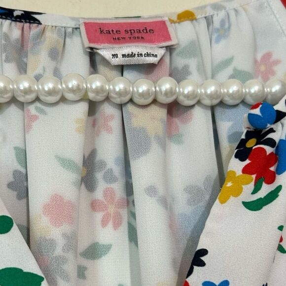 Kate Spade Floral Print White Blouson Sleeve Top SIZE MEDIUM - Picture 3 of 6